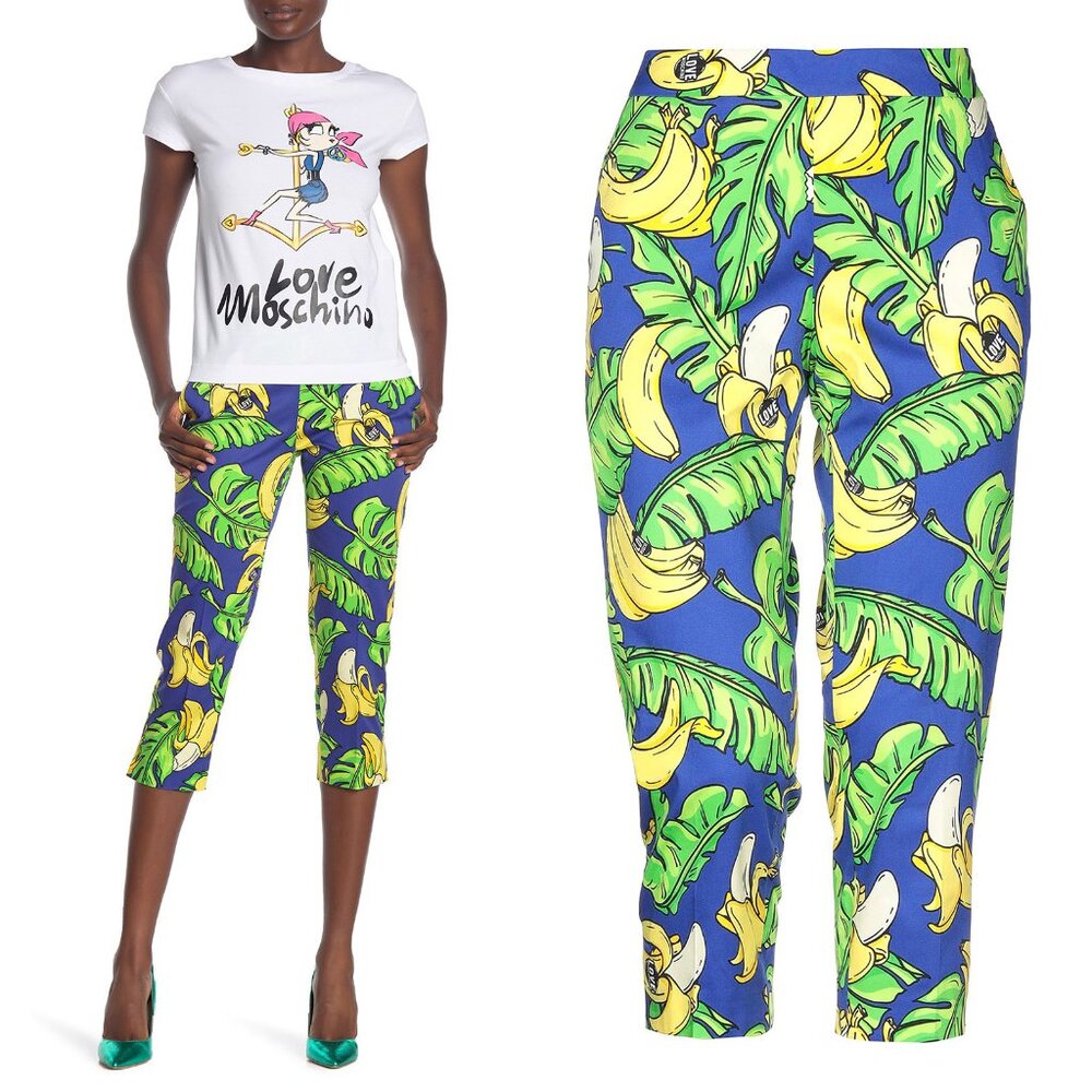 LOVE MOSCHINO PANTS BANANA LEAF COTTON CROPPED CULOTTES sz IT 42 US 6